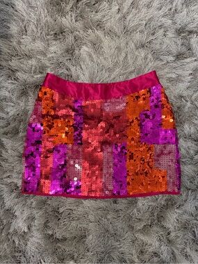Express Sequin Mini Skirt in Fuchsia, Red & Orange